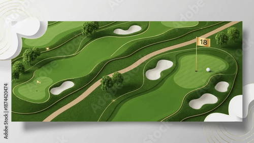 Aerial View of a Lush Green Golf Course with Sand Traps and a Flag.