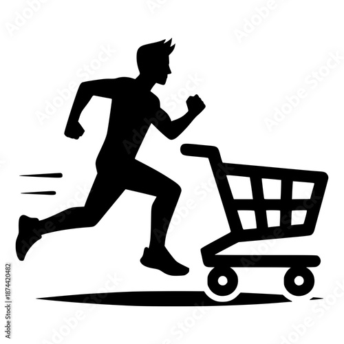 Running, person, shopping cart, silhouette, vector image illustration