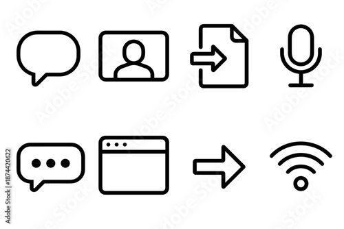Digital Tools Icons. Digital Communication Tools set in outline vector style: chat bubble, video call frame, shared file, microphone symbol, typing dots,