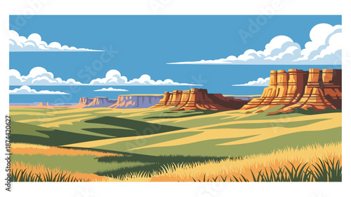 Flat vector illustration of South Dakota landscape featuring prairies, rolling hills, and dramatic rock formations, open plains scenery in solid flat vector style