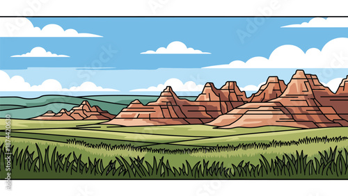 Flat vector illustration of South Dakota landscape featuring prairies, rolling hills, and dramatic rock formations, open plains scenery in solid flat vector style