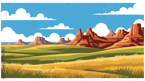 Flat vector illustration of South Dakota landscape featuring prairies, rolling hills, and dramatic rock formations, open plains scenery in solid flat vector style