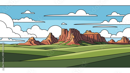 Flat vector illustration of South Dakota landscape featuring prairies, rolling hills, and dramatic rock formations, open plains scenery in solid flat vector style