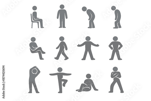 Diverse Posture Icons. Posture and Stance: sitting figure, standing straight, leaning forward, slouched pose, crossed legs, walking motion, open stance, hands