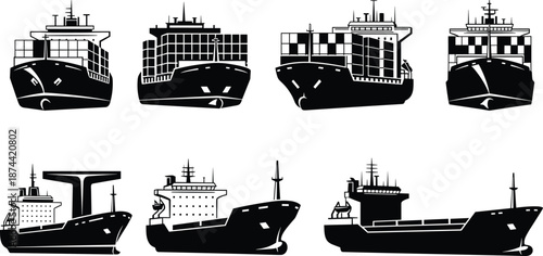 Cargo ship silhouette, maritime transport, container vessel side view, ocean logistics, black and white illustration, shipping industry, nautical engineering, freight design
