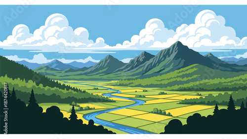 Flat vector illustration of Tennessee landscape with forested hills, winding rivers, mountain ridges, and rural valleys, scenic southern nature in solid colors
