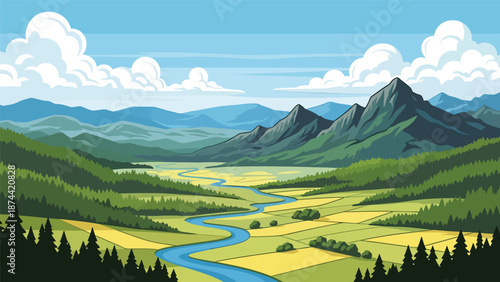Flat vector illustration of Tennessee landscape with forested hills, winding rivers, mountain ridges, and rural valleys, scenic southern nature in solid colors