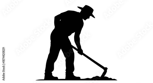 Silhouette of Farmer Digging Soil with Hoe Traditional Agriculture and Manual Labor Concept