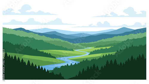 Flat vector illustration of Tennessee landscape with forested hills, winding rivers, mountain ridges, and rural valleys, scenic southern nature in solid colors