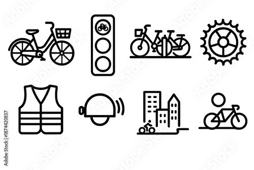 Urban Cycling Icons. Urban Cycling Culture set in outline vector style: commuter bike, basket front, traffic light for bikes, shared bike station, chain ring,