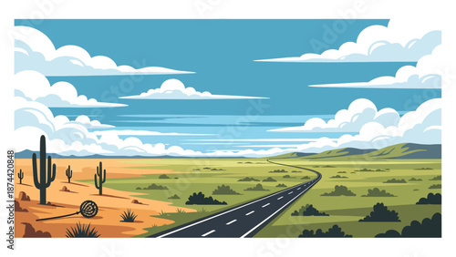Flat vector illustration of Texas landscape combining deserts, plains, rolling hills, long highways, and wide skies, iconic vast scenery in solid flat colors