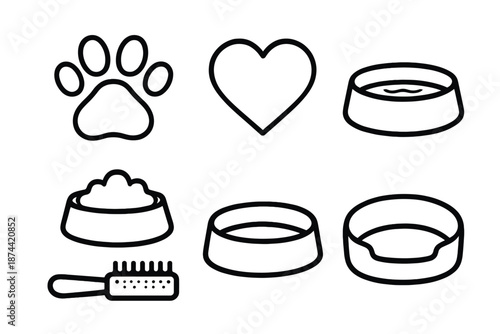 Pet Care Icons. Pet Wellness basics set in outline vector style: paw print, heart icon, food bowl, water dish, brush, cozy bed