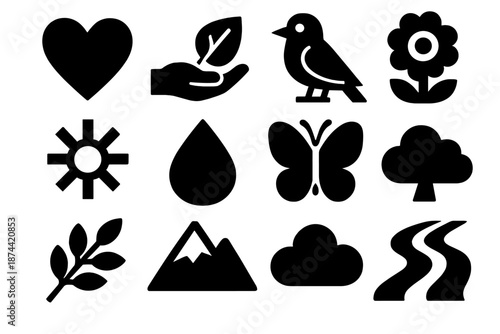 Brutalist Nature Icons. Trusting Nature icon set in silhouette bold style. Contain heart, hand holding leaf, tree, bird, flower, sun, water droplet, butterfly, branch, mountain, cloud, river