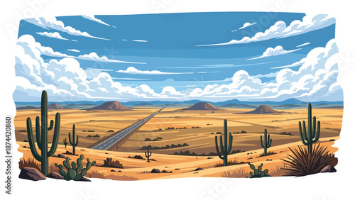 Flat vector illustration of Texas landscape combining deserts, plains, rolling hills, long highways, and wide skies, iconic vast scenery in solid flat colors