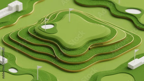 Abstract Miniature Golf Course Design with Layered Greens and Bunkers.