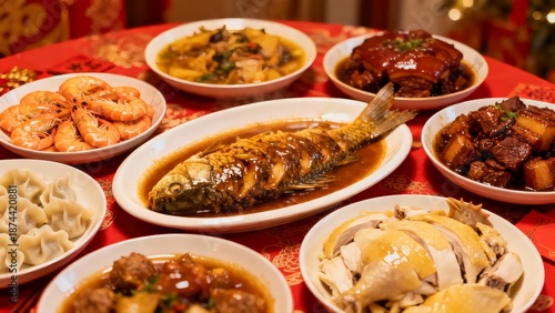 A close-up shot of a sumptuous table of Chinese New Year dishes