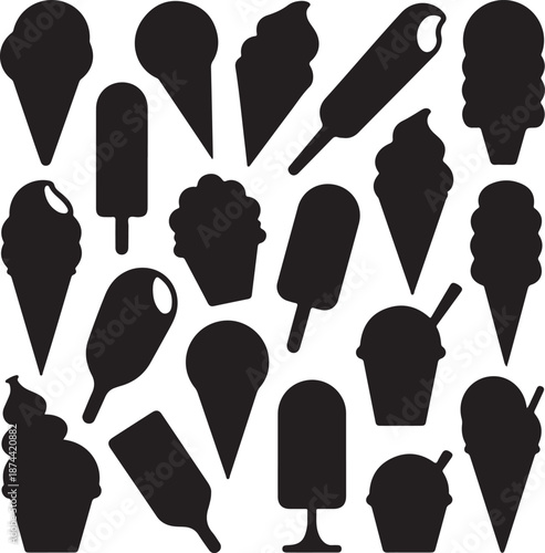 black silhouettes of various ice cream treats on white background