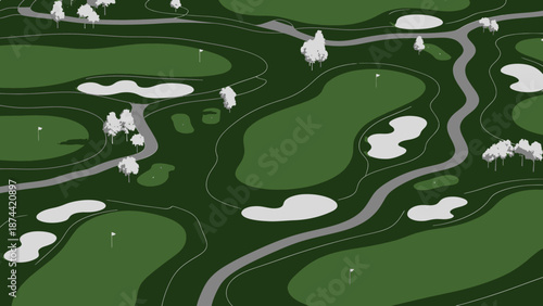 Aerial View of a Golf Course with Bunkers and Fairways.