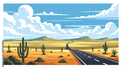 Flat vector illustration of Texas landscape combining deserts, plains, rolling hills, long highways, and wide skies, iconic vast scenery in solid flat colors
