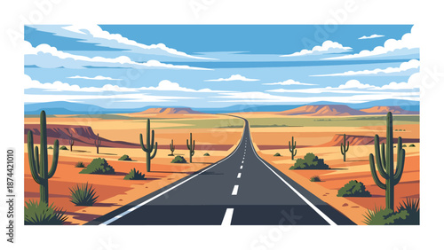 Flat vector illustration of Texas landscape combining deserts, plains, rolling hills, long highways, and wide skies, iconic vast scenery in solid flat colors