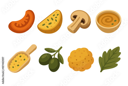 Hearty Savory Icons. Hearty Savories set in isometric flat vector : roasted vegetable slice, herb-sprinkled potato, sautéed mushroom, savory broth swirl,