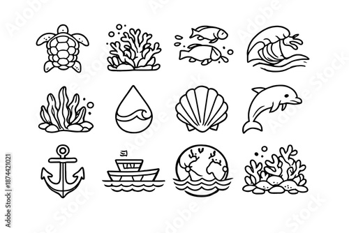 Marine Conservation Icons. Marine Conservationset in outline vector style turtle, coral, fish, wave, seaweed, water droplet, shell, dolphin, anchor, boat, globe, reef