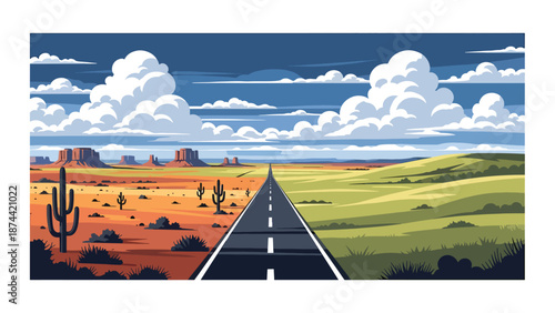 Flat vector illustration of Texas landscape combining deserts, plains, rolling hills, long highways, and wide skies, iconic vast scenery in solid flat colors