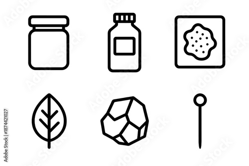Specimen Study Icons. Specimen Study collection set in outline vector style: jar, labeled container, tissue sample, leaf, rock fragment, insect pin