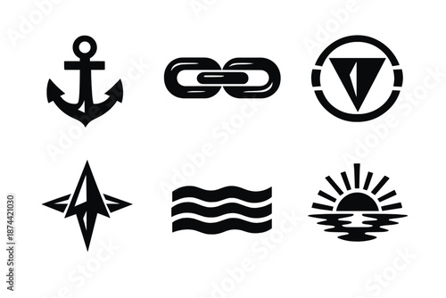 Bold Nautical Icons. Anchor symbols icon set in silhouette bold style. Contain anchor silhouette, chain link, stability circle, compass arrow, calm sea, maritime glow