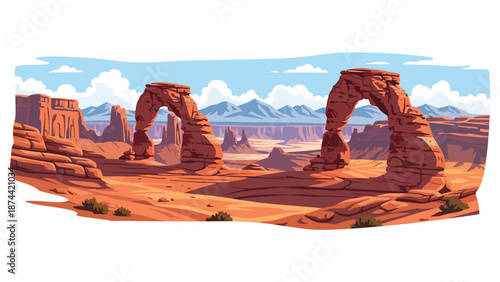 Flat vector illustration of Utah desert landscape with red rock arches, canyons, mesas, and distant mountains, dramatic natural scenery in solid colors