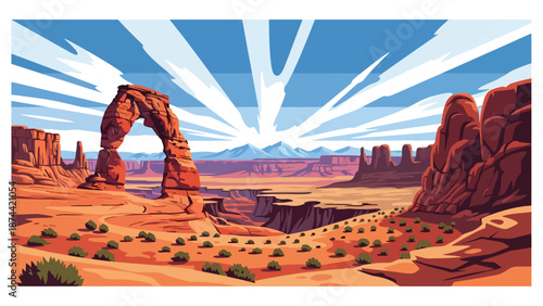 Flat vector illustration of Utah desert landscape with red rock arches, canyons, mesas, and distant mountains, dramatic natural scenery in solid colors