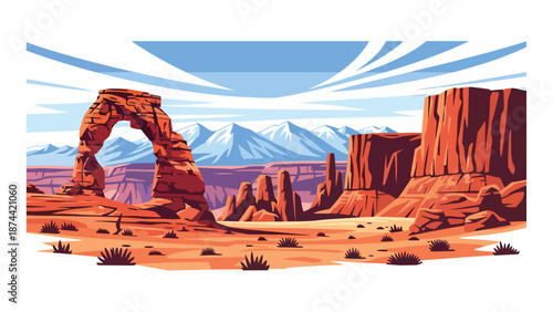 Flat vector illustration of Utah desert landscape with red rock arches, canyons, mesas, and distant mountains, dramatic natural scenery in solid colors