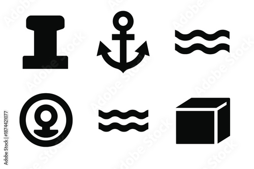 Brutalist Harbor Icons. Harbor Elements icon set in silhouette bold style. Contain dock post shape, anchor outline, water ripple, mooring ring, calm wave, solid block
