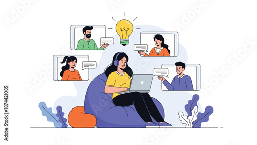 Woman on beanbag having video conference call with colleagues