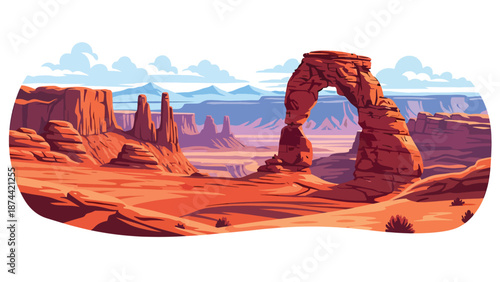 Flat vector illustration of Utah desert landscape with red rock arches, canyons, mesas, and distant mountains, dramatic natural scenery in solid colors