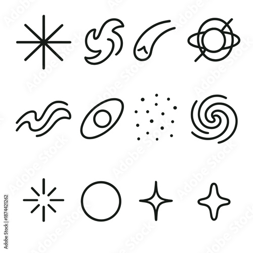 Astral Icon Collection. Astral Phenomena set in outline vector style: radiant star, nebula swirl, comet arc, pulsar ring, cosmic wave, orbit curve, interstellar