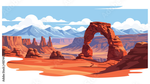 Flat vector illustration of Utah desert landscape with red rock arches, canyons, mesas, and distant mountains, dramatic natural scenery in solid colors