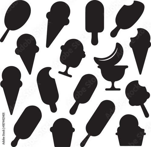 black silhouettes of various ice cream types on white background