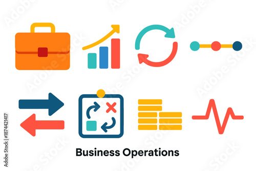 Modern Business Icons. Business Operations vector set in modern flat style : briefcase shape, financial bar set, workflow loop, timeline stripe, logistics