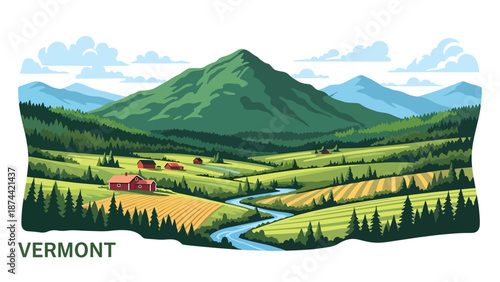 Flat vector illustration of Vermont countryside featuring green mountains, forests, farmland, and small rivers, peaceful New England scenery in solid flat colors