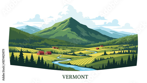 Flat vector illustration of Vermont countryside featuring green mountains, forests, farmland, and small rivers, peaceful New England scenery in solid flat colors