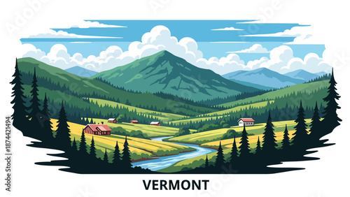 Flat vector illustration of Vermont countryside featuring green mountains, forests, farmland, and small rivers, peaceful New England scenery in solid flat colors