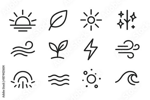 Seasonal Energy Icons. Nature’s Seasonal Energy set in outline vector style: dawn beam, leaf flutter, warm shimmer, cool drift, tidal curve, seasonal sprout,