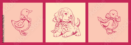 Cute vintage style animals with ribbon bows drawn in hand sketched line art. Playful nostalgic illustration perfect for nursery decor, spring designs.