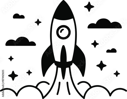 A happy cartoon astronaut and a friendly alien travel on a vector spaceship design featuring an artistic water drop symbol as they launch a rocket into space above the sea