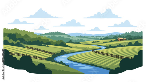 Flat vector illustration of Virginia landscape with rolling hills, forests, rivers, and farmland, historic countryside scenery rendered in solid flat vector style