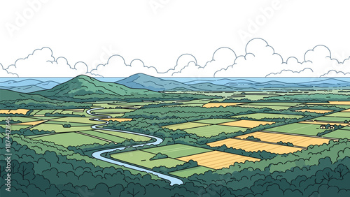 Flat vector illustration of Virginia landscape with rolling hills, forests, rivers, and farmland, historic countryside scenery rendered in solid flat vector style