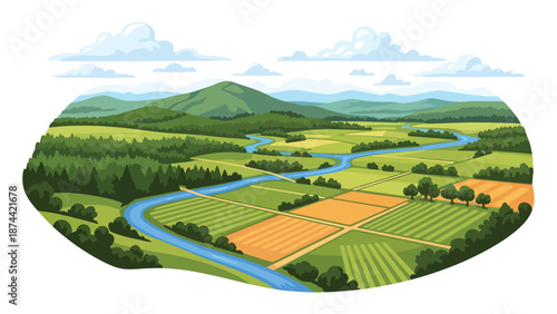 Flat vector illustration of Virginia landscape with rolling hills, forests, rivers, and farmland, historic countryside scenery rendered in solid flat vector style