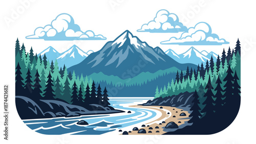 Flat vector illustration of Washington landscape with evergreen forests, mountains, rivers, and coastline elements, Pacific Northwest scenery in solid colors
