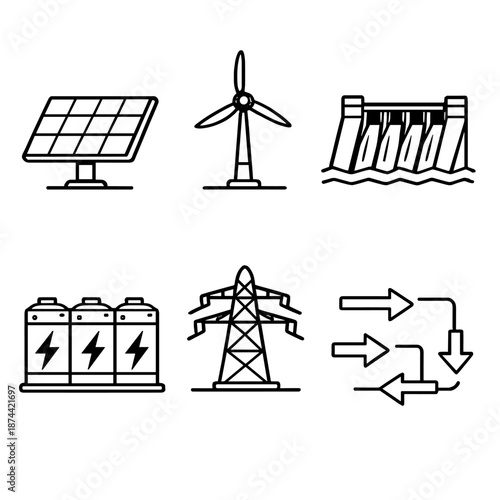 Clean Energy Icons. Clean energyset in outline vector style solar panel, wind turbine, hydro dam, battery storage, power grid, energy flow arrows